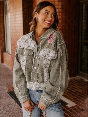 POL BOHO LIFESTYLE EMBROIDERED JACKET IN SAGE Green Size L